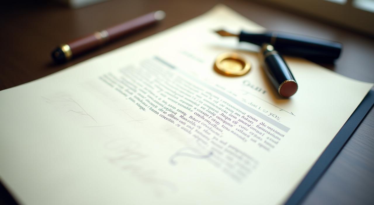 Close up of a legal professional reviewing a formal contract with a fountain pen and wax seal