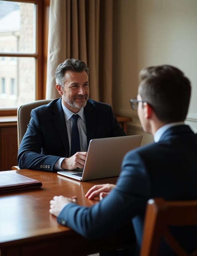 Lawyer and client discussing a contract in a modern London office